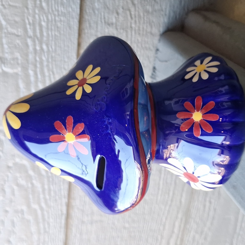 Lucky Brand Groovy Flower Power Mushroom Ceramic Coin Bank Blue & Yellow 6.5"